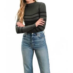NEW THE WORKSHOP STUDIO stripe mock neck long sleeve knit sweater in hunter gree